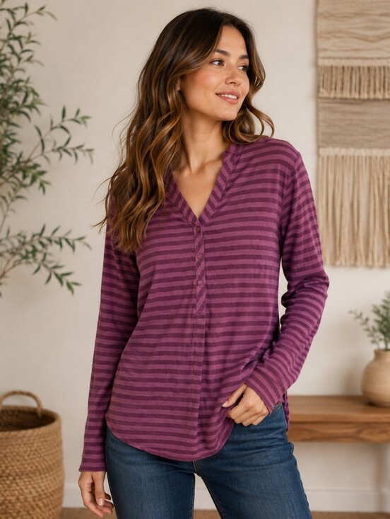 Mountain Hardwear Tops - Mountain Hardwear Plum Striped Henley Lightweight Outdoor Top Size 12